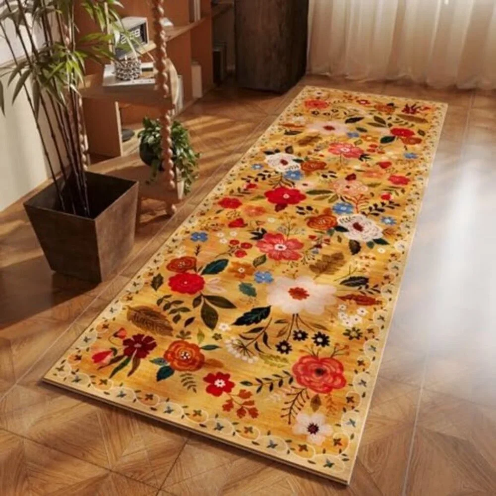 Nonslip 2 x 6 Yellow Washable Runner Rugs with Rubber Backing Soft Floral Carpet